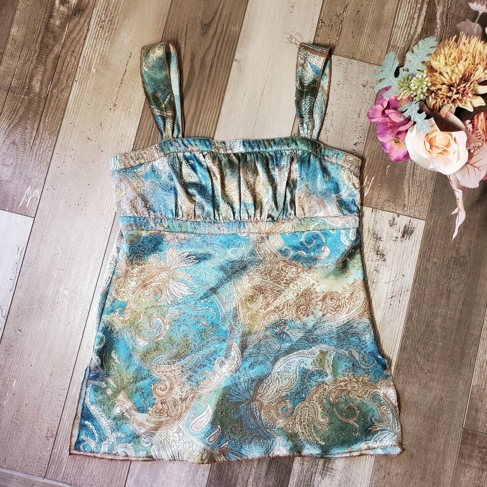 Self-Esteem Silky Tie-Back Elegant Blue and Gold Sleeveless Blouse Size Large